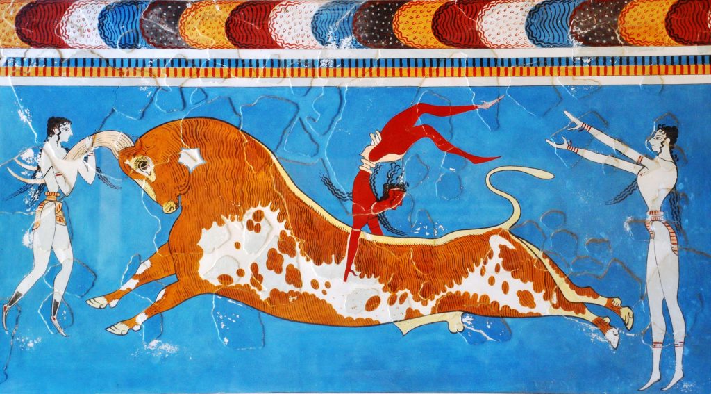 Bull leaping fresco taurokathapsia Knossos family guided tour kids love greece Crete Percy Jackson Mythology Family Trip 7-day Package activities for families