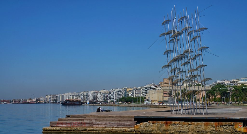 The famous umbrella art piece along the Thessaloniki coastline