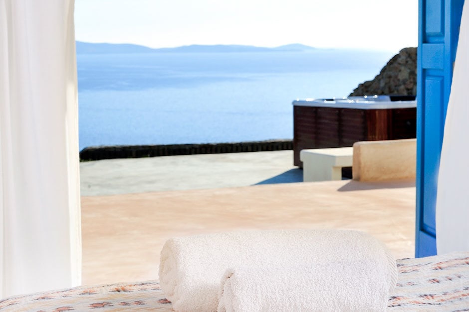 Cyclades kids love greece villas cosy family summer house in Mykonos island Delos view two Agios Stefanos traditional village