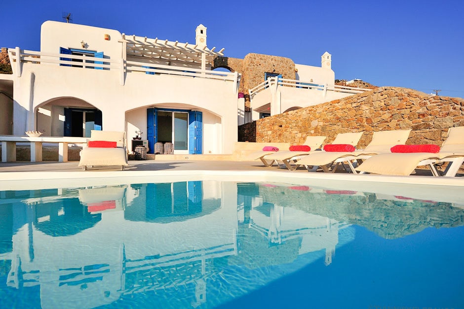 kids love greece accommodation modern family summer house in Mykonos island Delos view one Agios Stefanos traditional village Cyclades