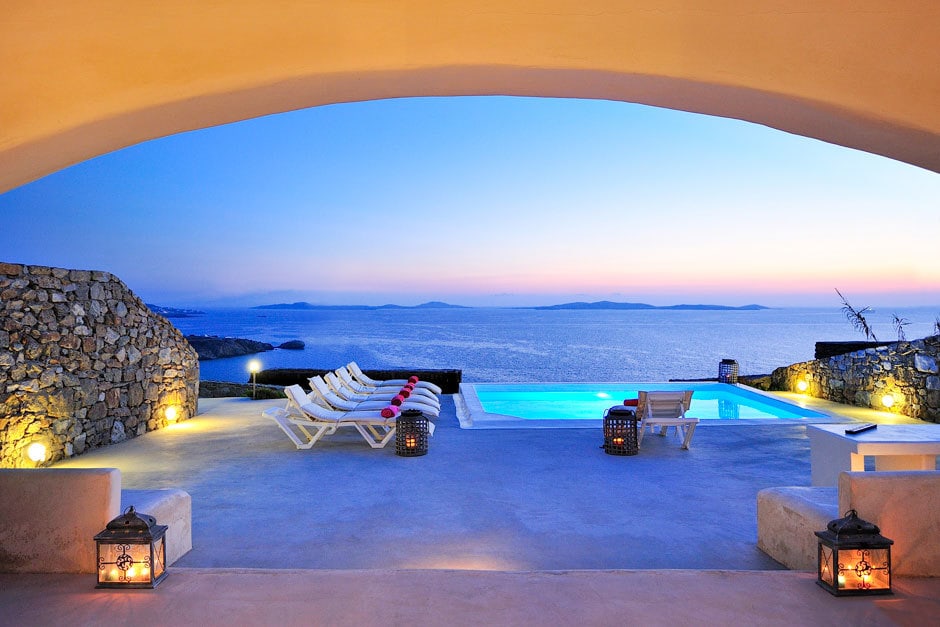 modern family summer house in Mykonos island Delos view one Agios Stefanos traditional village Cyclades kids love greece accommodation
