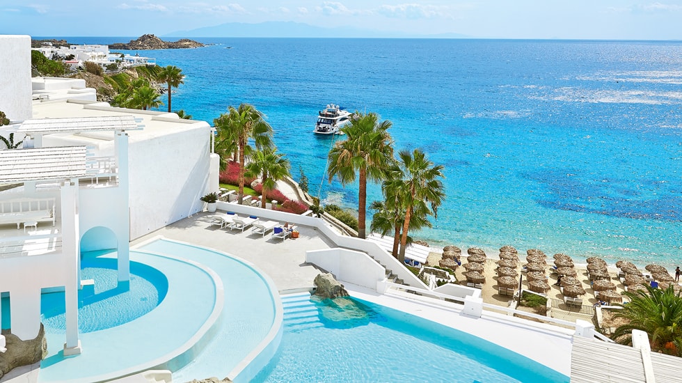 The Mykonos Blu Grecotel Exclusive Resort Hotel private beach best accommodation luxury high standards Cyclades Greece families kidslovegreece Psarou greek islands